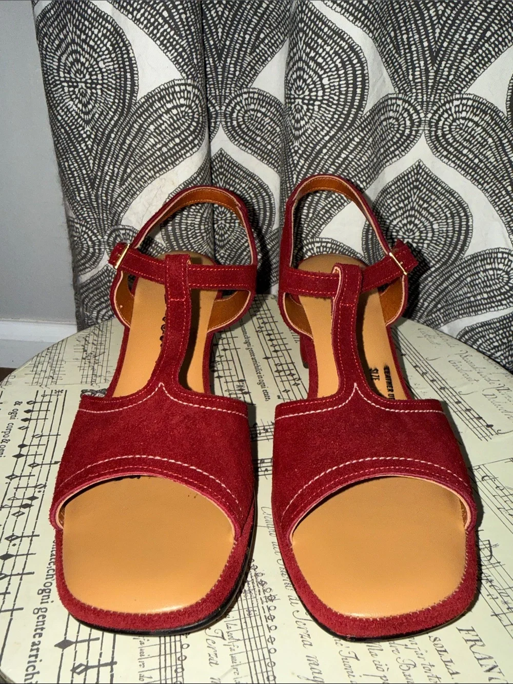 Vintage Burgundy T-Strap Suede Block Heel Sandals